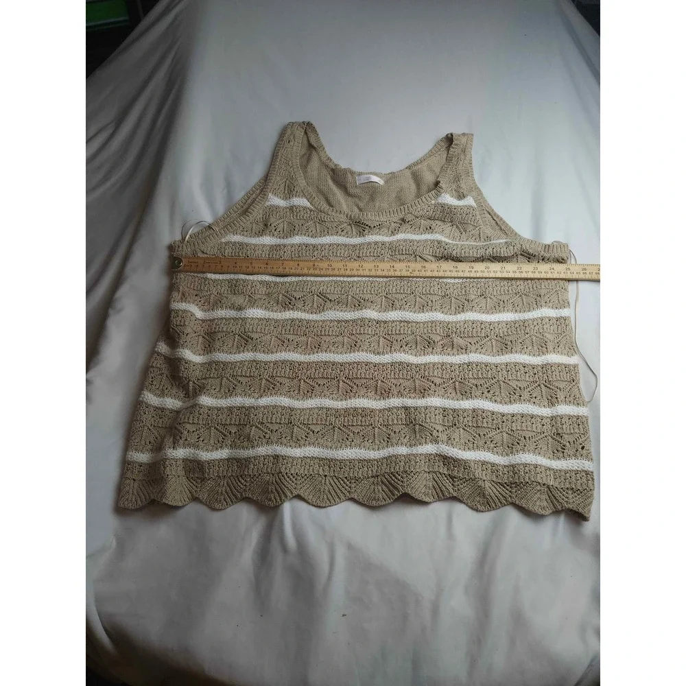 LC Lauren Conrad Womens 3X Tan White Striped Pointelle Knit Scallop Tank Top